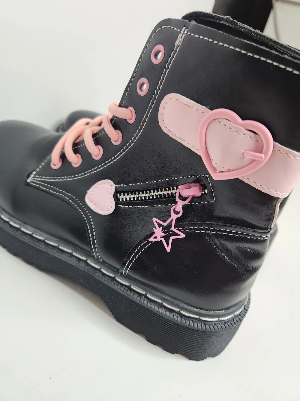 Kids Black Combat Boots with Pink Heart Accents